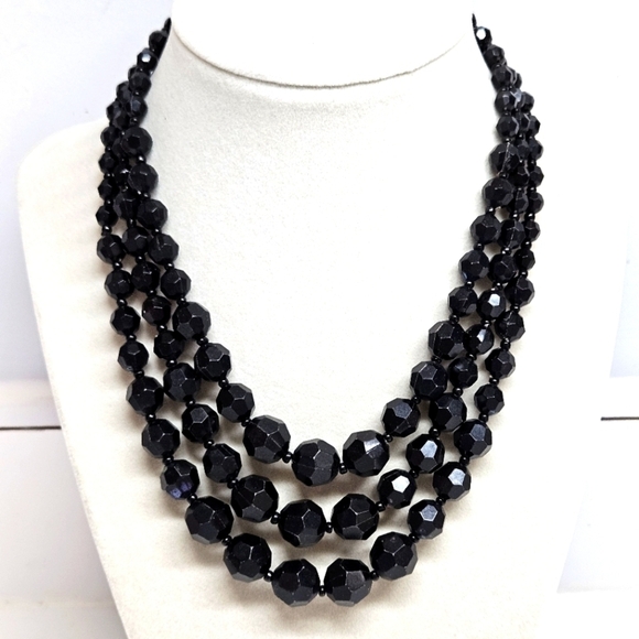 VINTAGE Germany Black Acrylic Plastic Beaded Triple Strand Bib Necklace - Picture 1 of 5